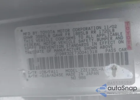 2003 Toyota Corolla Le z USA, uszkodzony, nr VIN JTDBR32E730041318